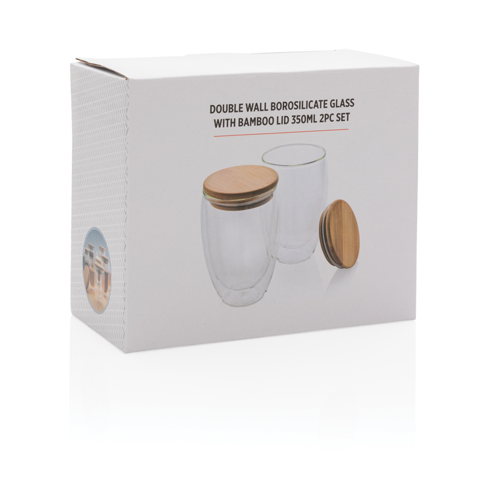 Dubbelwandig borosilicaatglas met bamboe deksel 350ml set