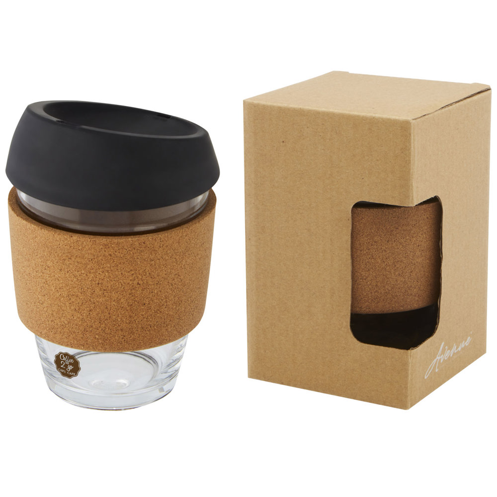 Lidan borosilicaat glazen beker van 360 ml met kurken grip en siliconen deksel