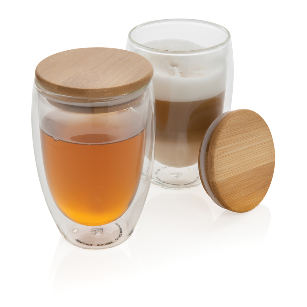 Dubbelwandig borosilicaatglas met bamboe deksel 350ml set