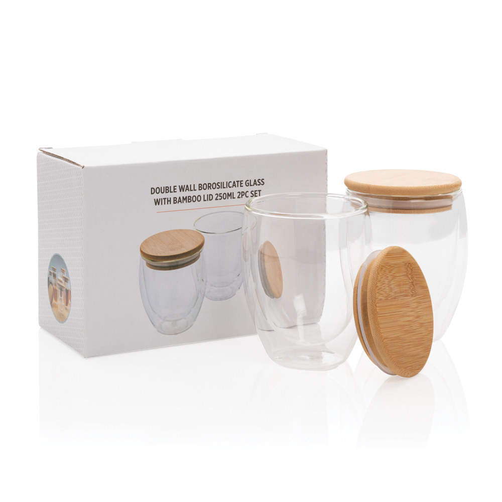 Dubbelwandig borosilicaatglas met bamboe deksel 250ml set