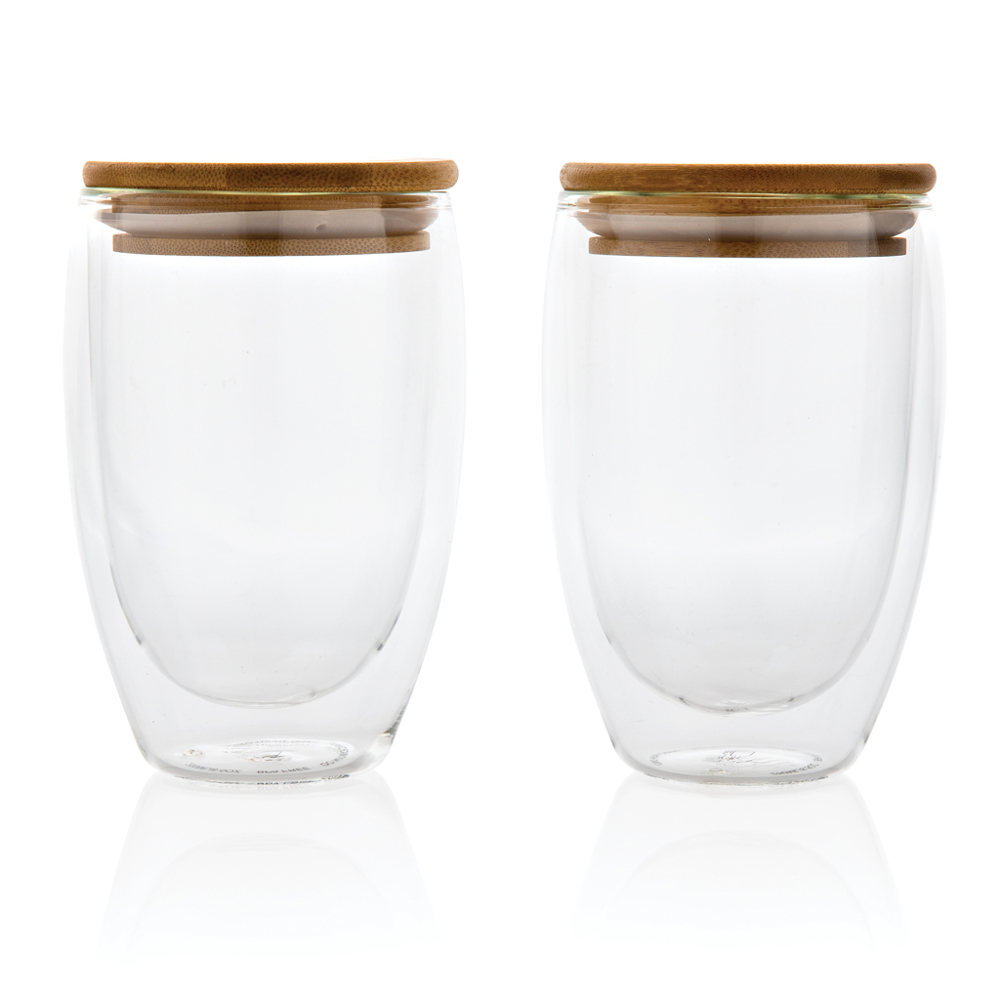 Dubbelwandig borosilicaatglas met bamboe deksel 350ml set