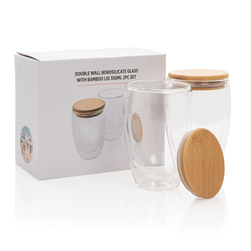 Dubbelwandig borosilicaatglas met bamboe deksel 350ml set